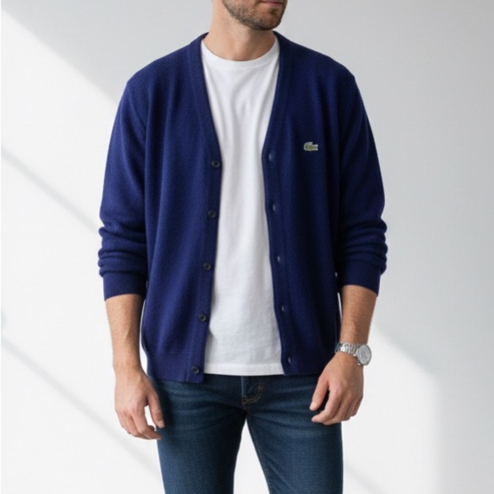 Vtg 60s Izod Lacoste Sweater Men's Sz L Cardigan Orlon Acrylic Made in USA Blue‎
